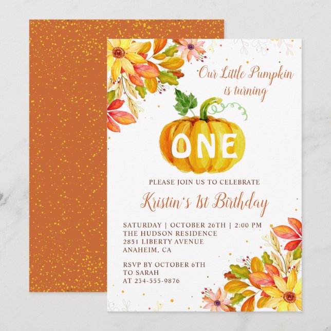 Watercolor Fall Floral Pumpkin Autumn Birthday Invitation (Front/Back)