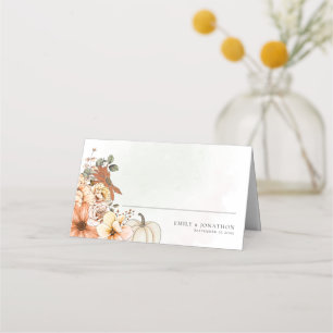 Watercolor Fall Floral Pumpkin Names Date Wedding  Place Card