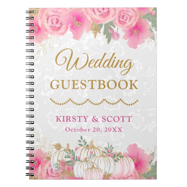 Watercolor Fall Floral Pumpkin Wedding Guest Book (Front)