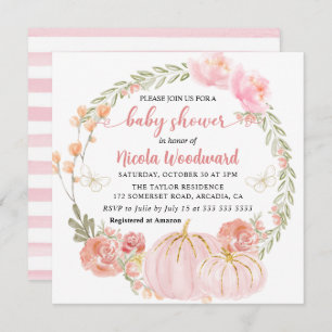 Watercolor Fall Floral Pumpkin Wreath Baby Shower Invitation