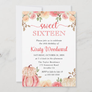 Watercolor Fall Floral Pumpkins Sweet Sixteen Invitation
