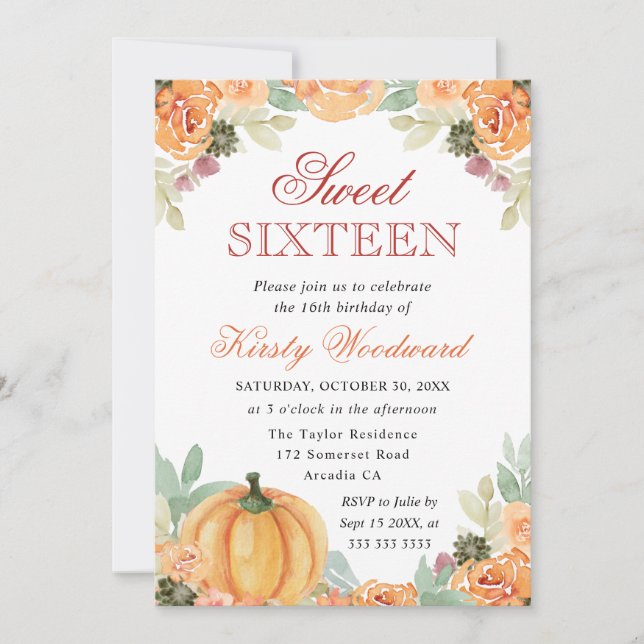 Watercolor Fall Floral Pumpkins Sweet Sixteen Invitation (Front)