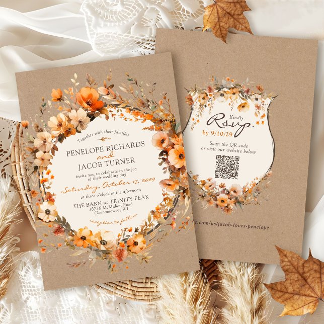 Watercolor Fall Floral Rustic Kraft Autumn Wedding Invitation (Elegant Fall floral rustic kraft modern watercolor flowers boho chic Autumn ivory wedding invitation)