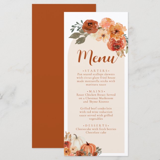 Watercolor Fall Floral Rustic Pumpkin Dinner Menu (Front/Back)