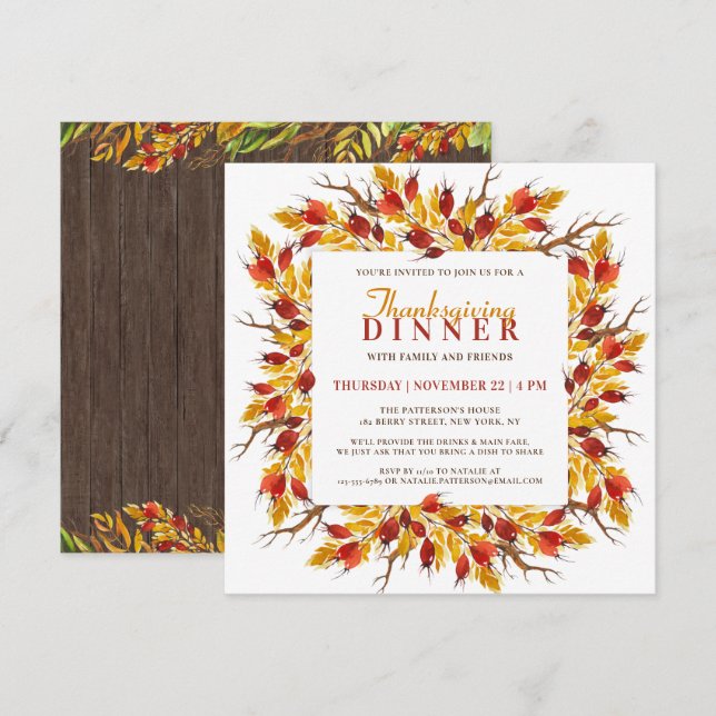 Watercolor Fall Floral Thanksgiving Dinner Invitation (Front/Back)