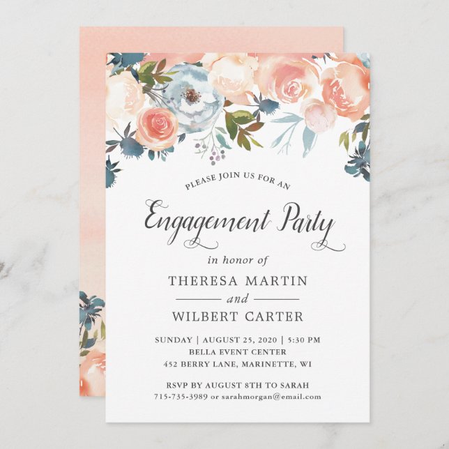 Watercolor Fall Floral Wedding Engagement Party Invitation (Front/Back)