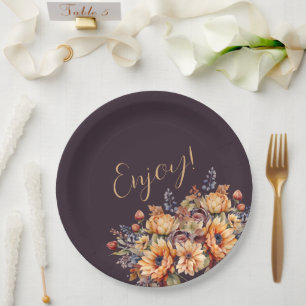 Watercolor Fall Flowers-Puprle-Enjoy- Paper Plate