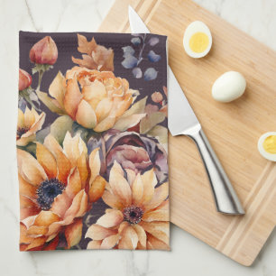 Watercolor Fall Flowers-Purple- Tea Towel