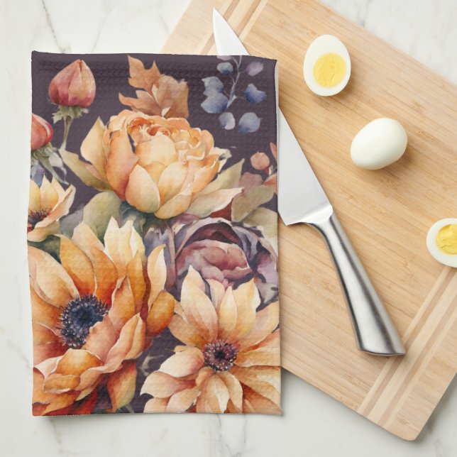 Watercolor Fall Flowers-Purple- Tea Towel (Quarter Fold)
