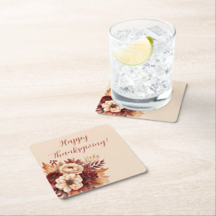 Watercolor Fall Flowers-Thanksgiving- Square Paper Coaster