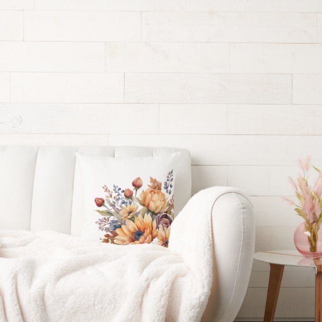 Watercolor Fall FlowersWhite-Throw Pillow (Couch)