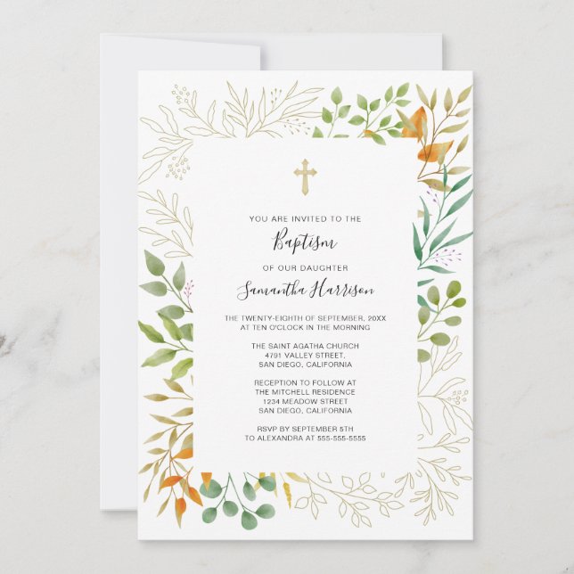 Watercolor Fall Foliage Gender Neutral Baptism Invitation (Front)