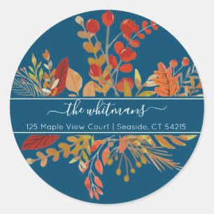 Watercolor Fall Foliage Return Address   Blue Classic Round Sticker