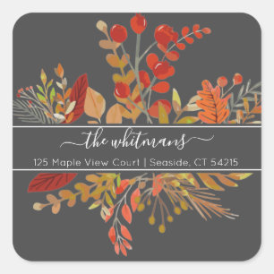 Watercolor Fall Foliage Return Address   Dark Grey Square Sticker