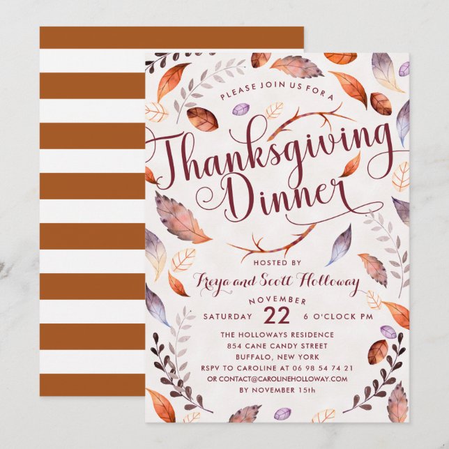 Watercolor Fall Foliage Thankgiving Dinner Invitation (Front/Back)
