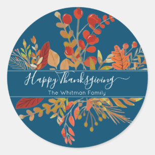 Watercolor Fall Foliage Thanksgiving   Blue Classic Round Sticker