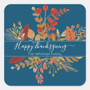Watercolor Fall Foliage Thanksgiving   Blue Square Sticker