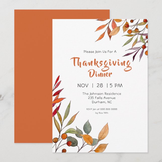 Watercolor Fall foliage Thanksgiving invitation (Front/Back)