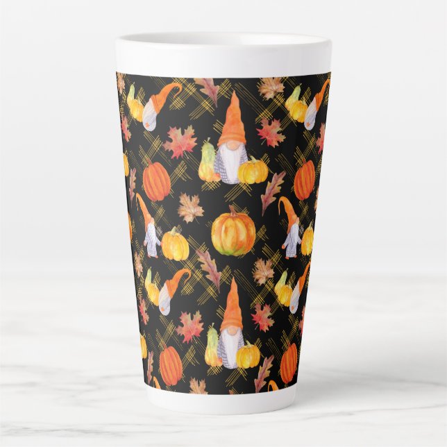 Watercolor Fall Gnomes, Pumpkins And Leaves Latte Mug (Front)