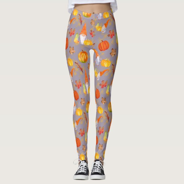 Watercolor Fall Gnomes, Pumpkins And Leaves Leggin Leggings (Front)