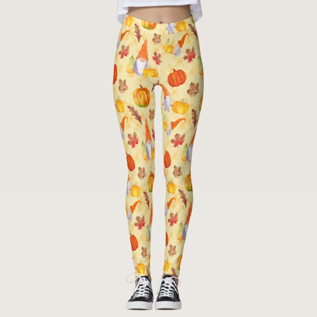 Watercolor Fall Gnomes, Pumpkins And Leaves Leggin Leggings (Front)