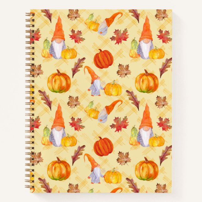 Watercolor Fall Gnomes, Pumpkins And Leaves Notebook (Front)