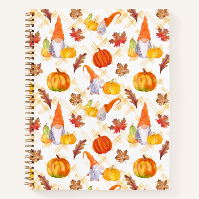 Watercolor Fall Gnomes, Pumpkins And Leaves Notebook (Front)