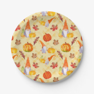 Watercolor Fall Gnomes, Pumpkins And Leaves Paper  Paper Plate