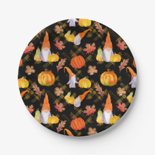 Watercolor Fall Gnomes, Pumpkins And Leaves Paper Plate