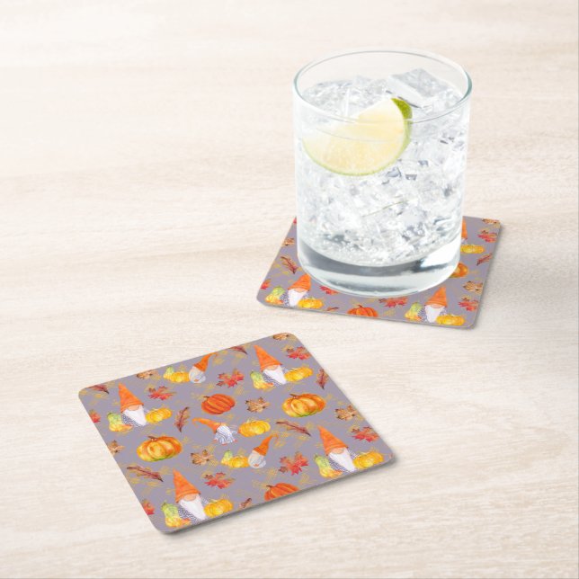 Watercolor Fall Gnomes, Pumpkins And Leaves Square Paper Coaster (Insitu)