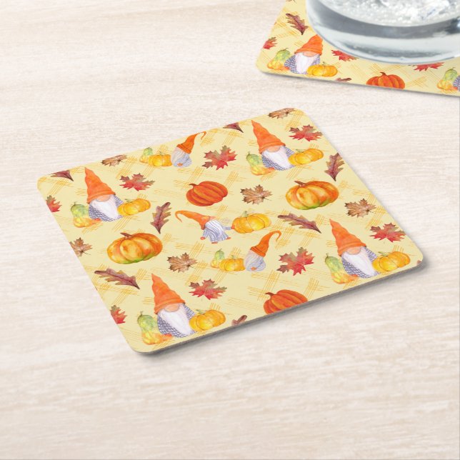 Watercolor Fall Gnomes, Pumpkins And Leaves Square Paper Coaster (Angled)
