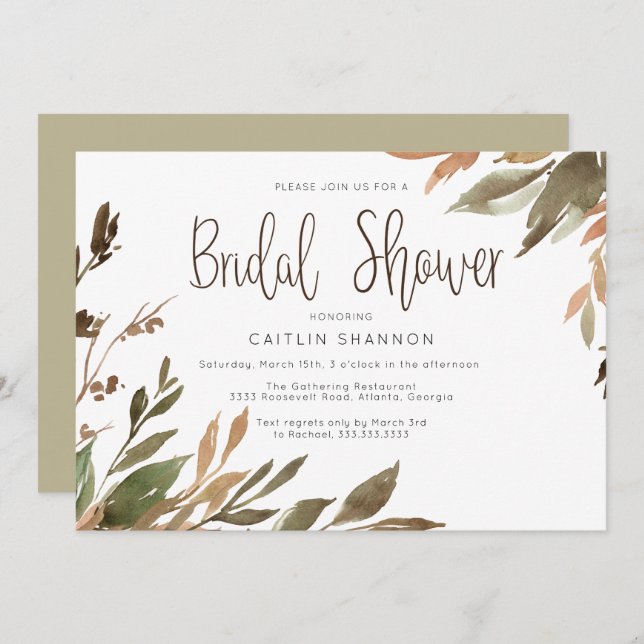 Watercolor Fall Greenery Bridal Shower Invitation (Front/Back)