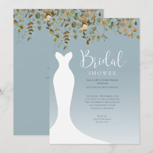 Watercolor Fall Greenery Dusty Blue Bridal Shower Invitation