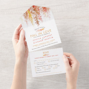 Watercolor fall in love brown red yellow meal RSVP All In One Invitation