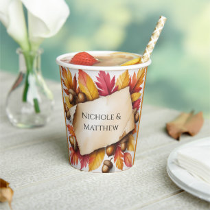 Watercolor Fall Leaves & Acorns Rustic Wedding Paper Cups