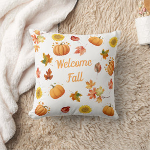 Watercolor Fall Leaves and Pumpkins Cushion