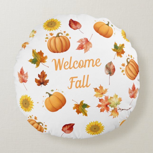 Watercolor Fall Leaves and Pumpkins Round Cushion (Front)