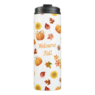 Watercolor Fall Leaves and Pumpkins Thermal Tumbler