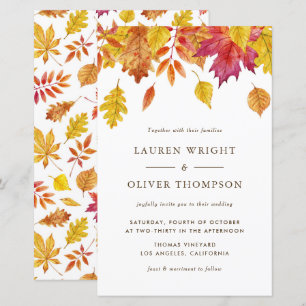 Watercolor Fall Leaves Autumn Wedding Invitation
