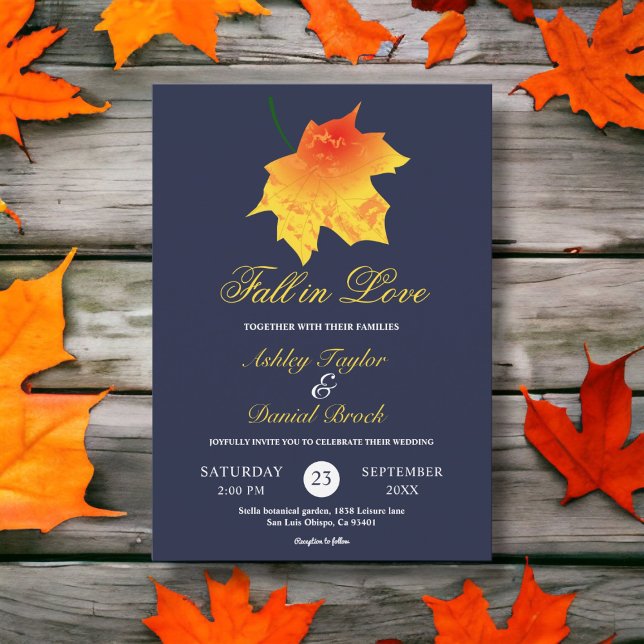 Watercolor Fall Leaves Navy Blue Floral Wedding Invitation (Creator Uploaded)