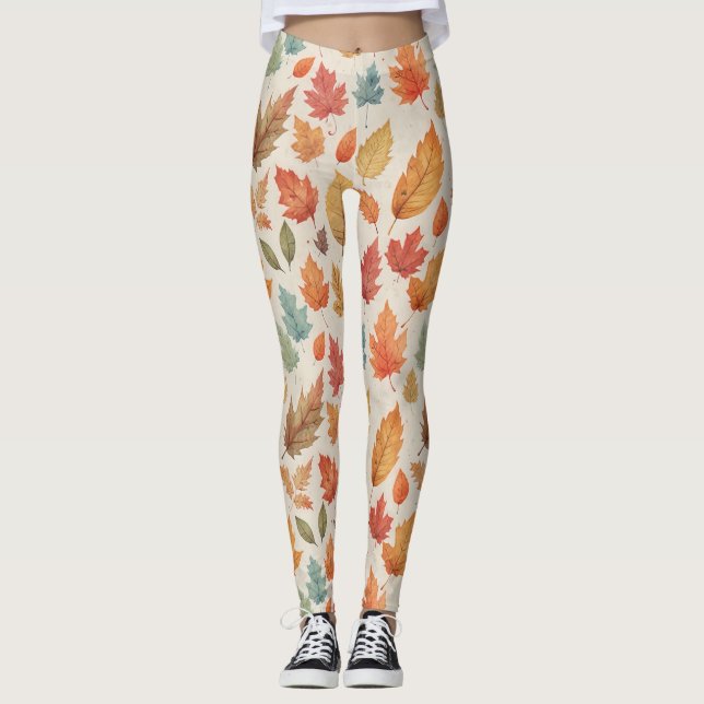 Watercolor Fall Leaves Pattern Leggings (Front)