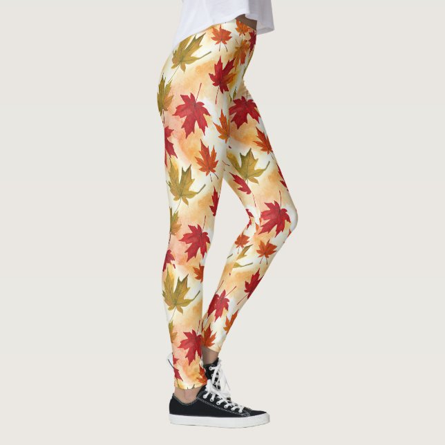 Watercolor Fall Leaves Pattern Leggings (Right)