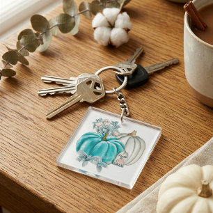 Watercolor Fall Leaves Pink Blue Autumn Pumpkins Key Ring