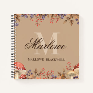 Watercolor Fall Leaves Tan Brown Monogram Script Notebook