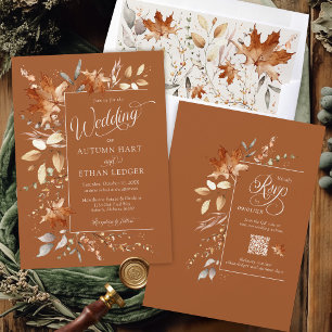Watercolor Fall Leaves Terracotta Autumn Wedding Invitation