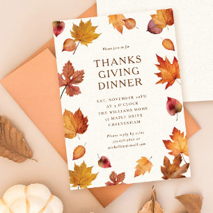 Watercolor Fall Leaves Thanksgiving Dinner Invitation