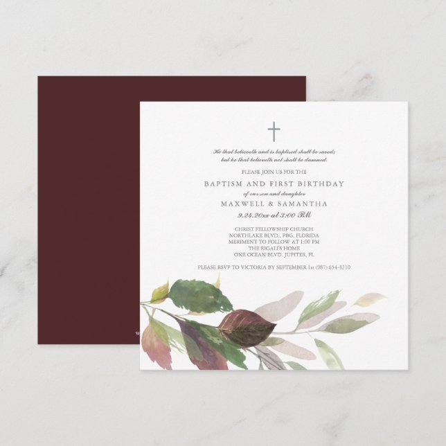 Watercolor Fall Leaves Twins Baptism Invitation (Front/Back)