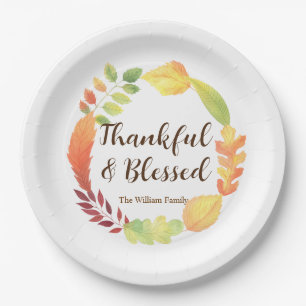 Watercolor Fall Leaves Wreath Autumn Thanksgiving Paper Plate