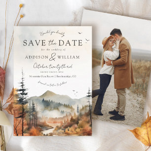 Watercolor Fall Mountain Forest Boho Photo Wedding Save The Date