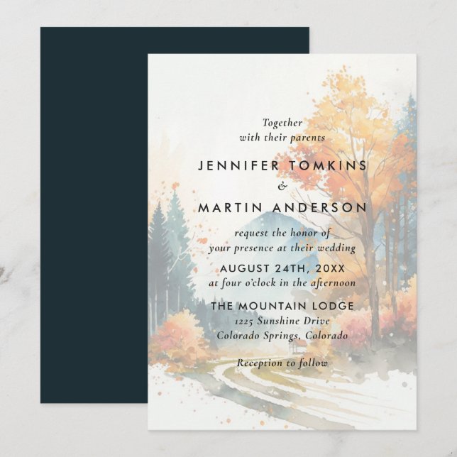 Watercolor Fall Mountain Forest Wedding Invitation (Front/Back)